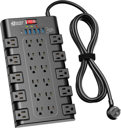 Power Strip,  Surge Protector with 22 AC Outlets and 6 USB Charging Ports, 1875W/15A, 2100 Joules, 6.5Ft Flat Plug Heavy Duty Extension Cord for Home, Office, Dorm, Gaming Room, Black